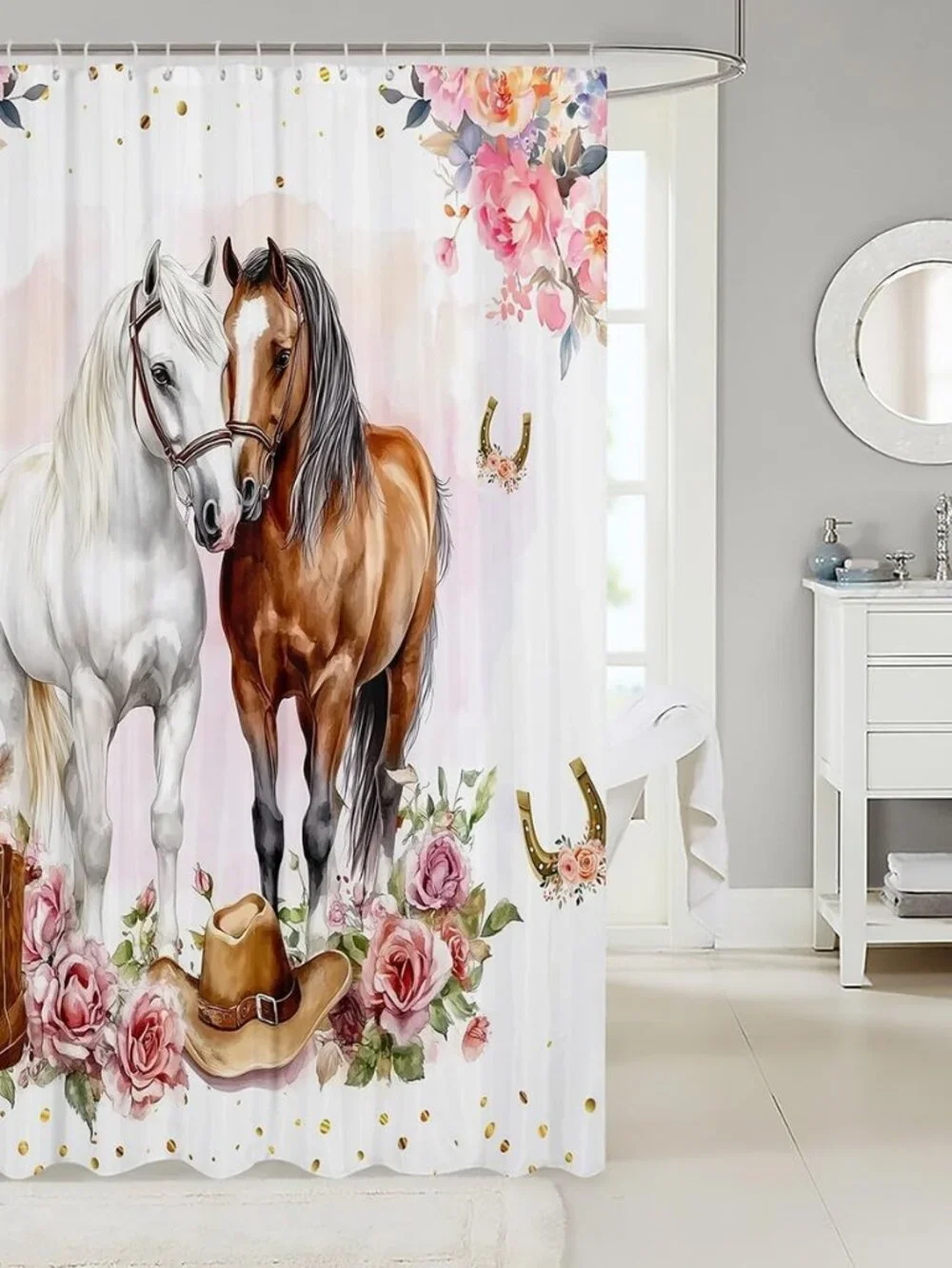 Western Horse Bathroom Decor,Cowgirl Boot Hat Shower Curtain Set for Girls Kids